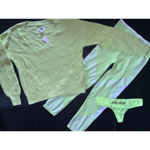 Victoria's Secret Other - Victoria's Secret M SWEATER+L PANTS leggings+thong NEON YELLOW green VSX SPORT